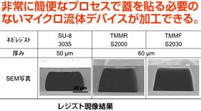 レジスト現像結果 非常に簡便なプロセスで蓋を貼る必要のないマイクロ流体デバイスが加工できる。