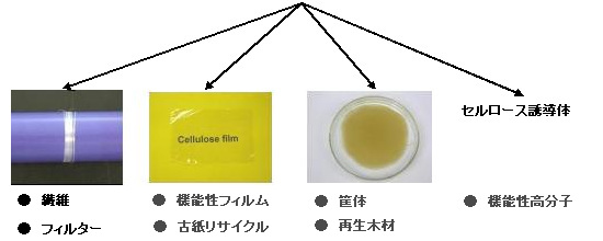セルロース溶液の優れた流動性、成形性を用いて、繊維、フィルター、機能性フィルム、古紙リサイクル、筐体、再生木材、機能性構文氏などを合成、製造します