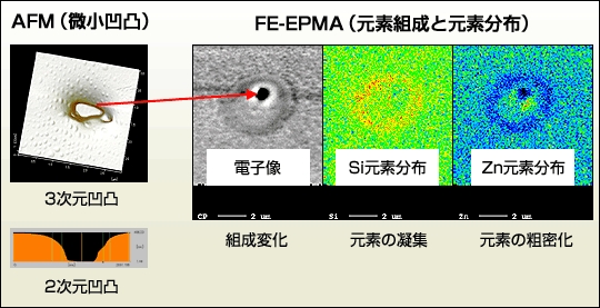 afm(微小凹凸)とfe-epma(元素組成と元素分布)の観察図